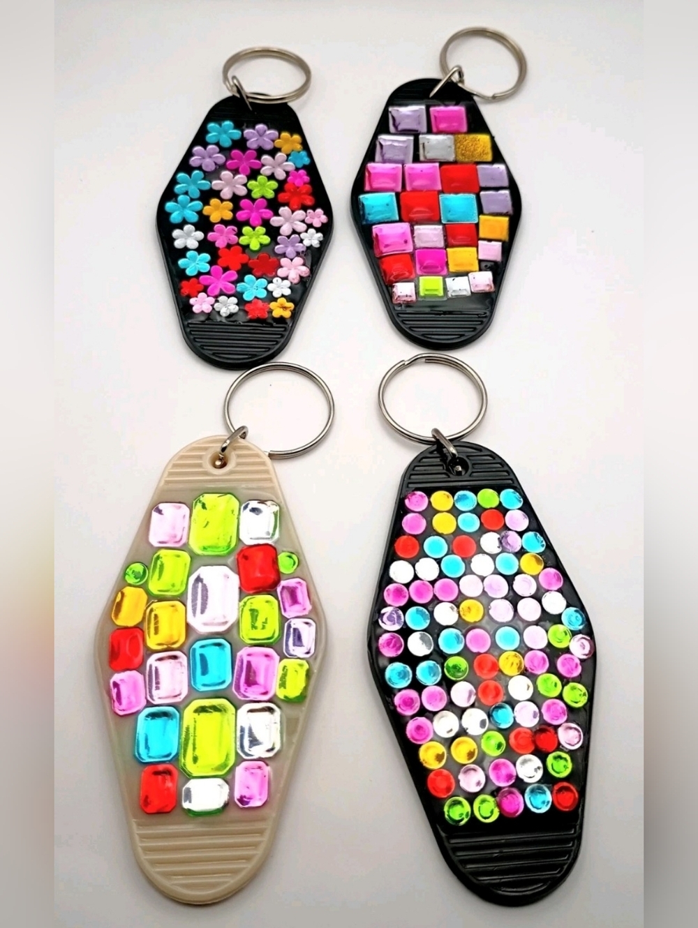 4pc Handmade Gemstone Motel Keychains Set UV Resin Sealed Colorful Y2K Art Key
